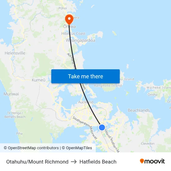 Otahuhu/Mount Richmond to Hatfields Beach map
