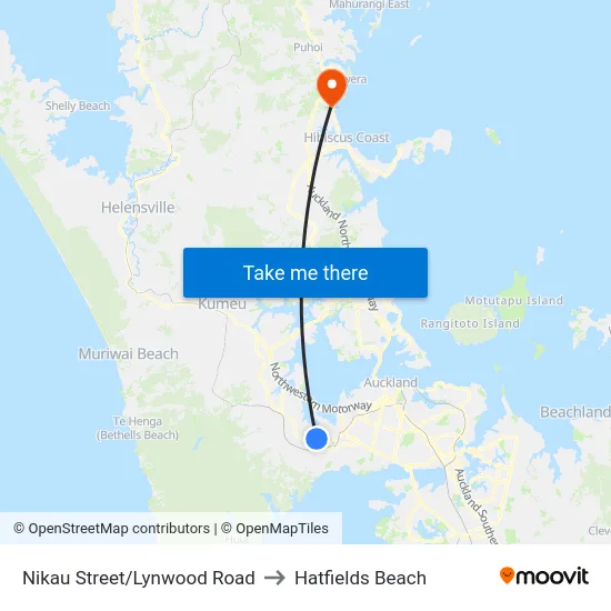 Nikau Street/Lynwood Road to Hatfields Beach map