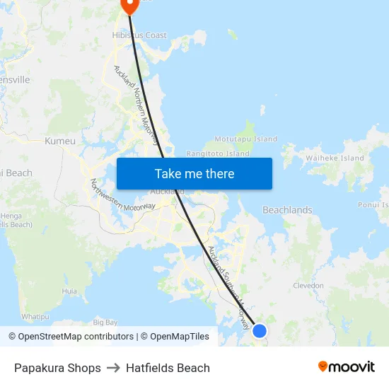 Papakura Shops to Hatfields Beach map