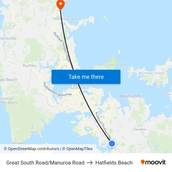 Great South Road/Manuroa Road to Hatfields Beach map