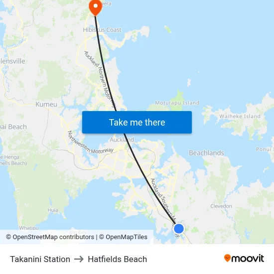 Takanini Station to Hatfields Beach map