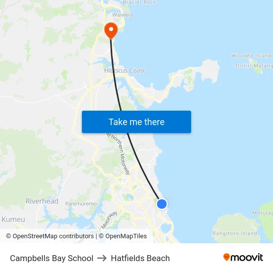 Campbells Bay School to Hatfields Beach map