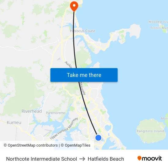 Northcote Intermediate School to Hatfields Beach map