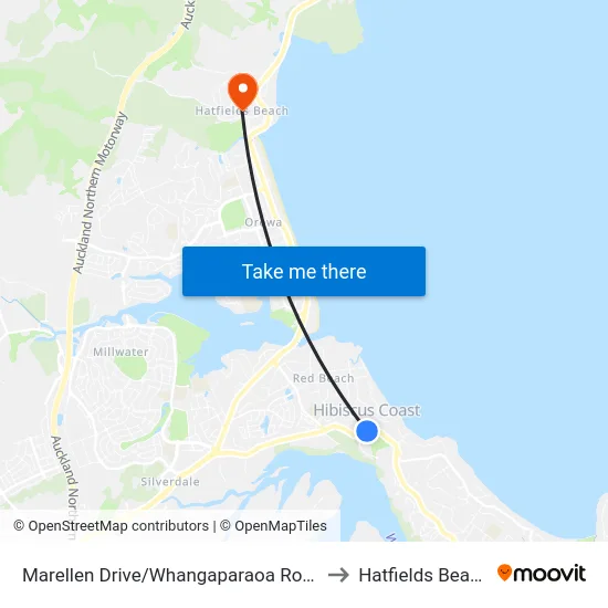 Marellen Drive/Whangaparaoa Road to Hatfields Beach map