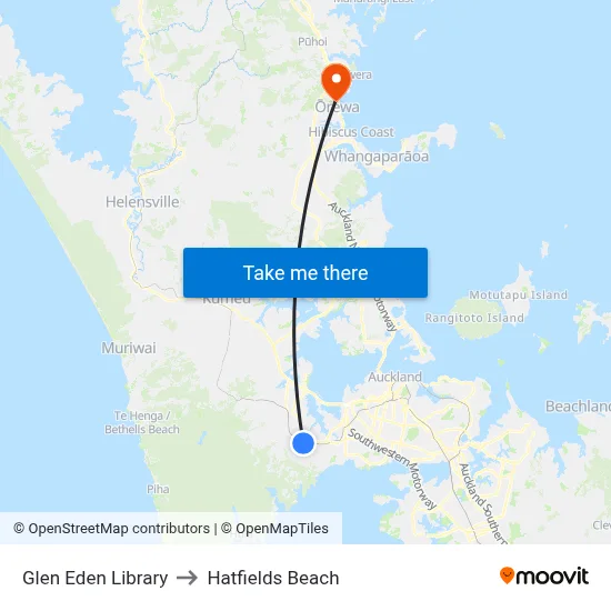 Glen Eden Library to Hatfields Beach map