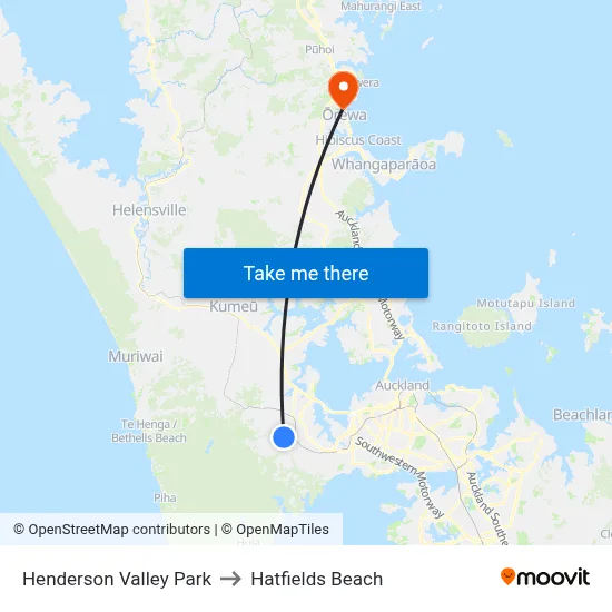 Henderson Valley Park to Hatfields Beach map