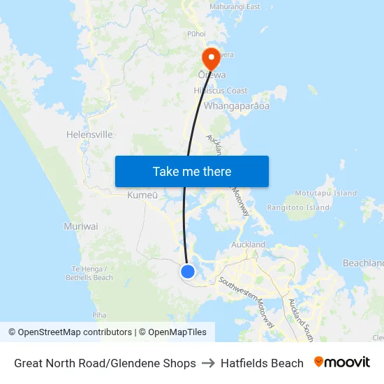 Great North Road/Glendene Shops to Hatfields Beach map