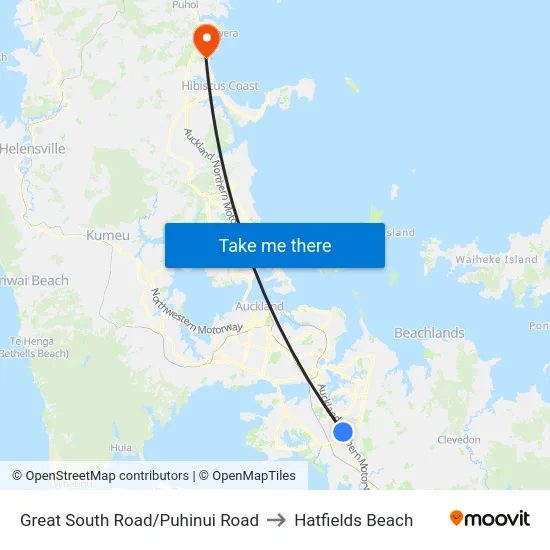 Great South Road/Puhinui Road to Hatfields Beach map
