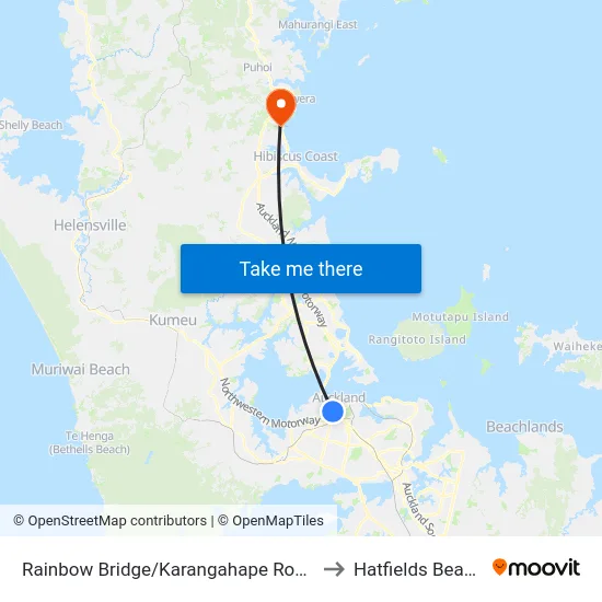Rainbow Bridge/Karangahape Road to Hatfields Beach map