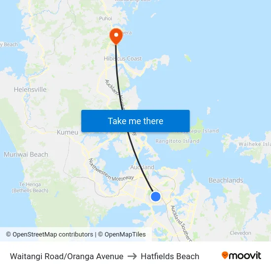 Waitangi Road/Oranga Avenue to Hatfields Beach map
