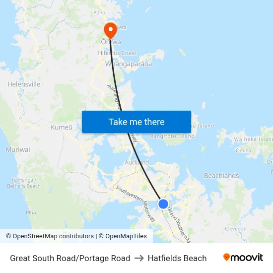 Great South Road/Portage Road to Hatfields Beach map