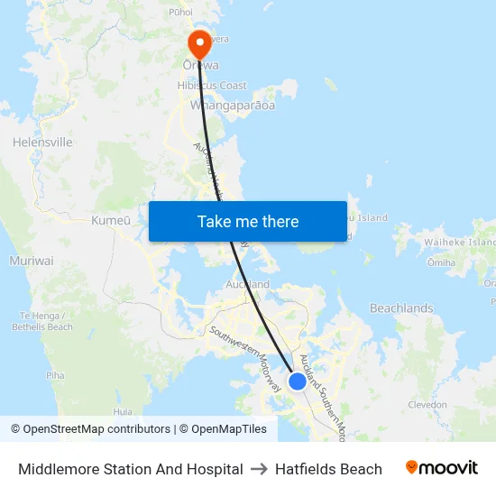 Middlemore Station And Hospital to Hatfields Beach map