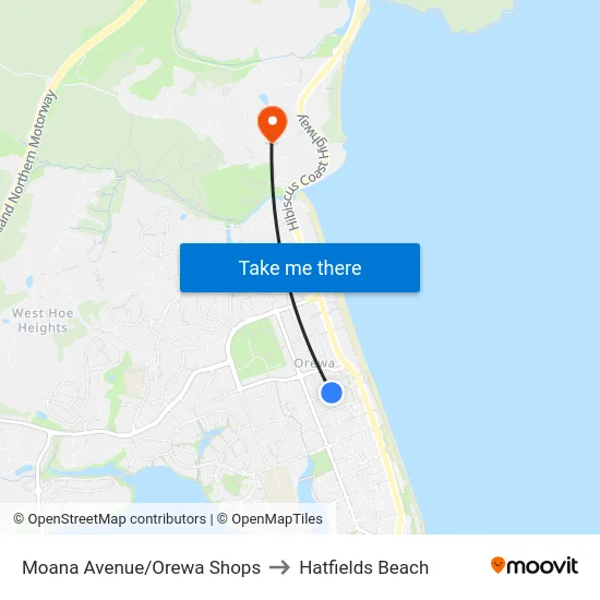 Moana Avenue/Orewa Shops to Hatfields Beach map