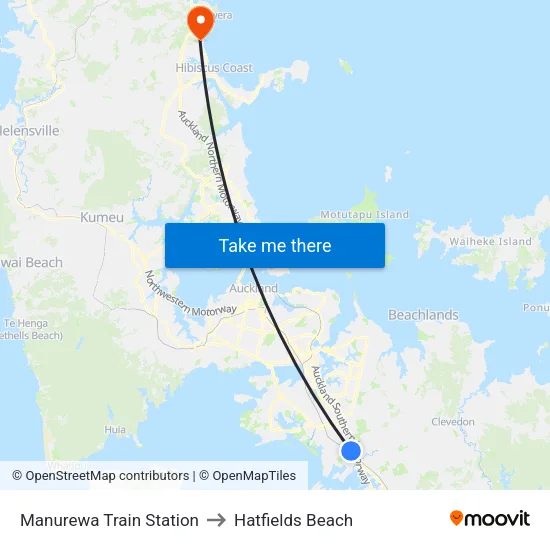 Manurewa Train Station to Hatfields Beach map
