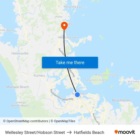 Wellesley Street/Hobson Street to Hatfields Beach map