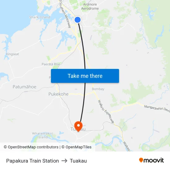 Papakura Train Station to Tuakau map