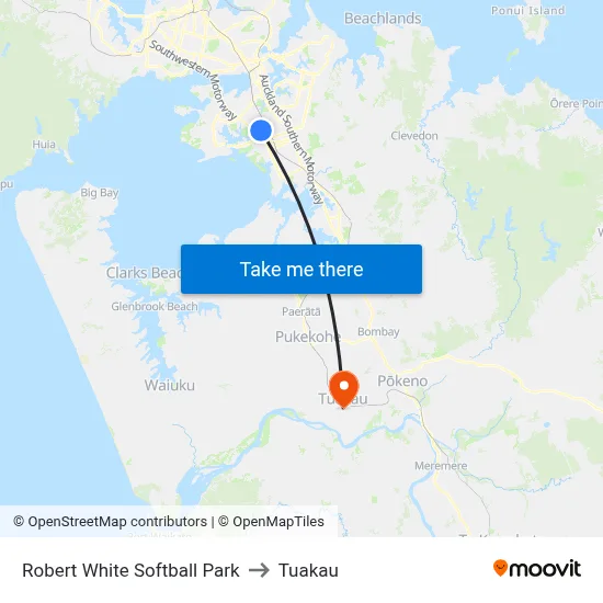 Robert White Softball Park to Tuakau map