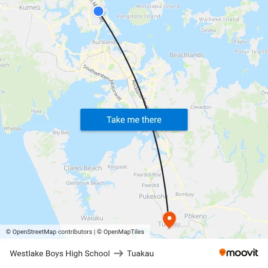 Westlake Boys High School to Tuakau map