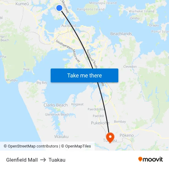 Glenfield Mall to Tuakau map