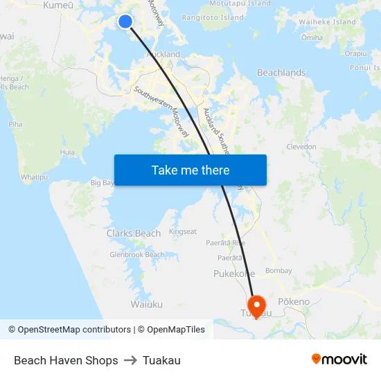Beach Haven Shops to Tuakau map