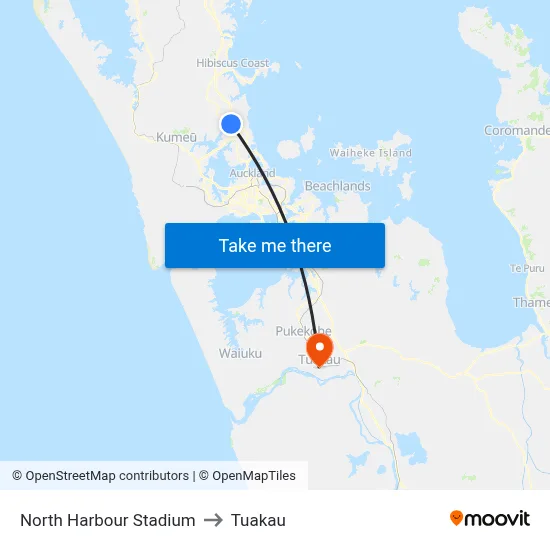 North Harbour Stadium to Tuakau map