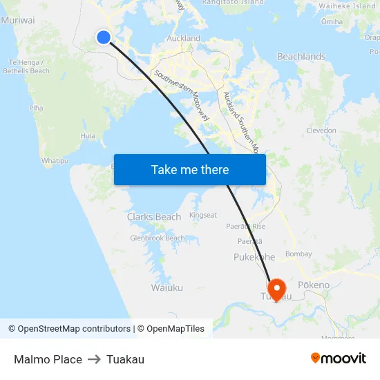Malmo Place to Tuakau map