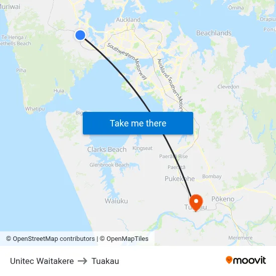 Unitec Waitakere to Tuakau map