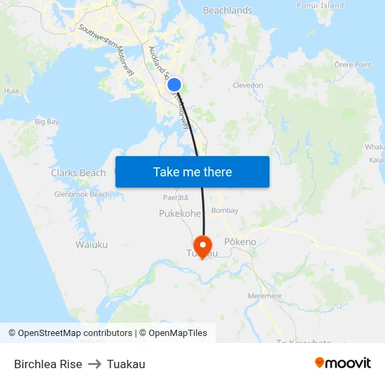Birchlea Rise to Tuakau map