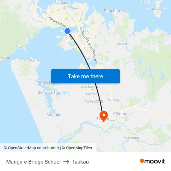 Mangere Bridge School to Tuakau map