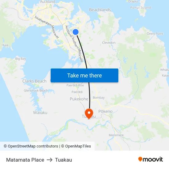 Matamata Place to Tuakau map