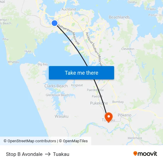 Stop B Avondale to Tuakau map