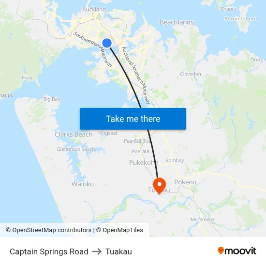 Captain Springs Road to Tuakau map