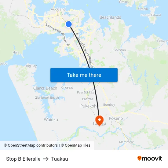 Stop B Ellerslie to Tuakau map