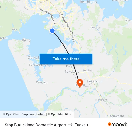 Stop B Auckland Domestic Airport to Tuakau map