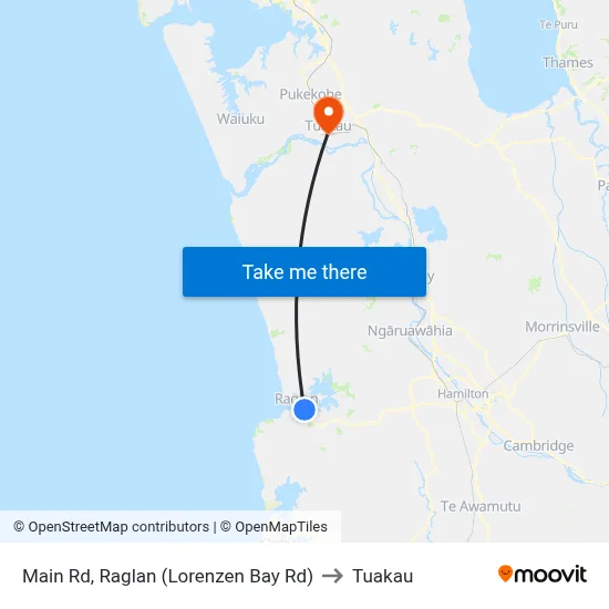Main Rd, Raglan (Lorenzen Bay Rd) to Tuakau map