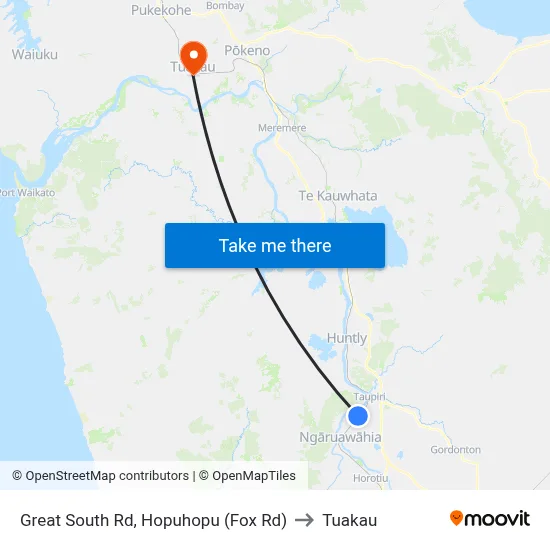 Great South Rd, Hopuhopu (Fox Rd) to Tuakau map