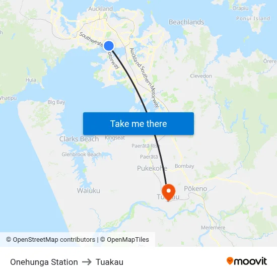 Onehunga Station to Tuakau map
