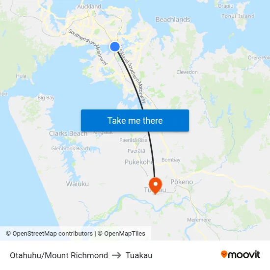Otahuhu/Mount Richmond to Tuakau map