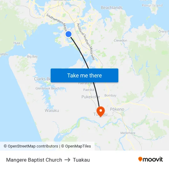 Mangere Baptist Church to Tuakau map