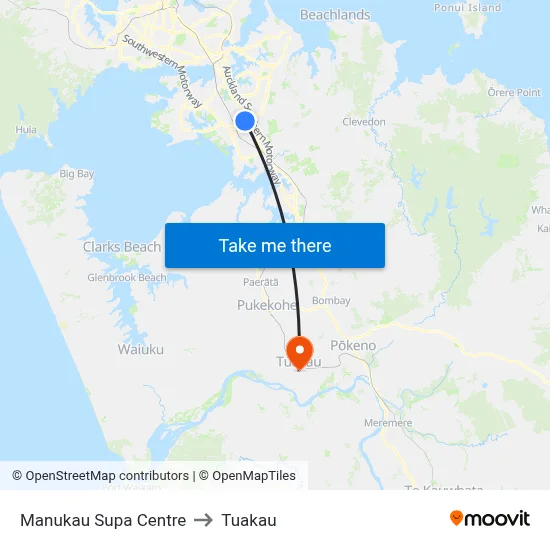 Manukau Supa Centre to Tuakau map