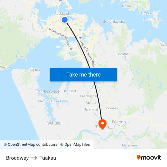 Broadway to Tuakau map