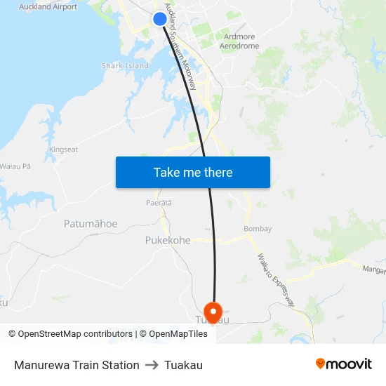 Manurewa Train Station to Tuakau map