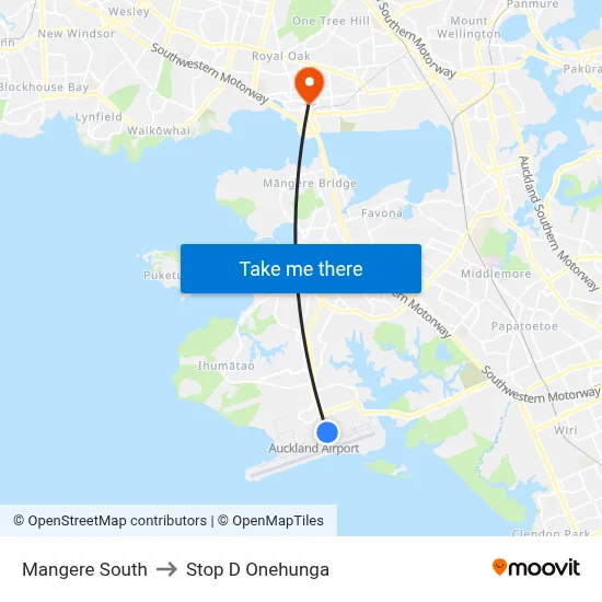 Mangere South to Stop D Onehunga map