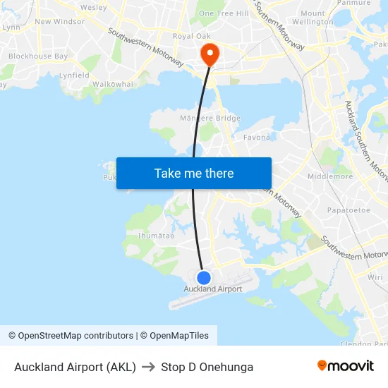 Auckland Airport (AKL) to Stop D Onehunga map