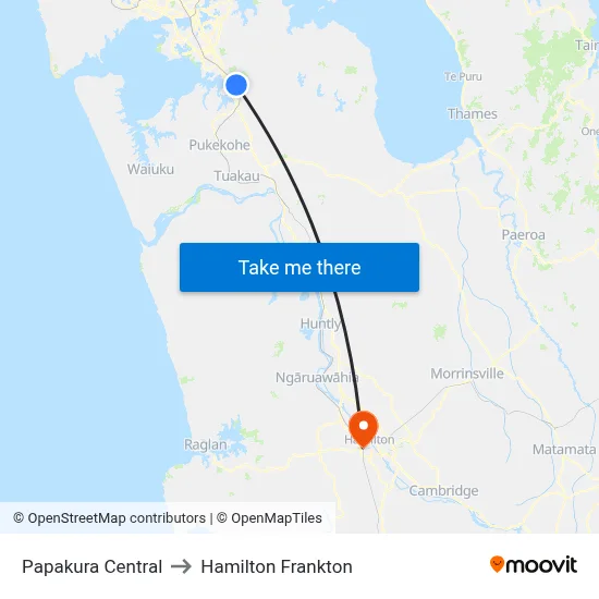 Papakura Central to Hamilton Frankton map