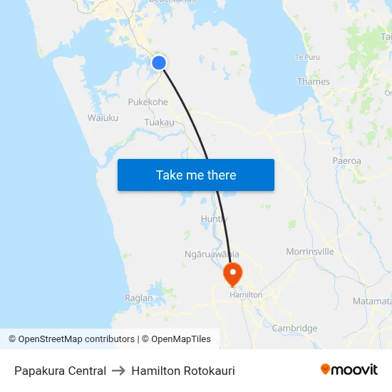 Papakura Central to Hamilton Rotokauri map