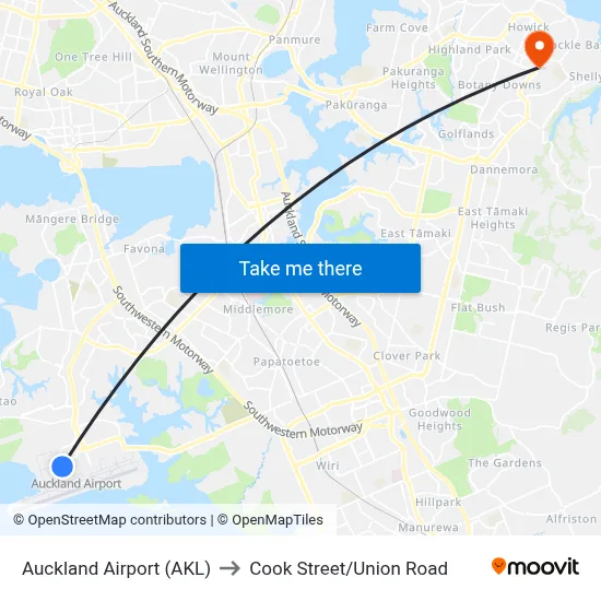 Auckland Airport (AKL) to Cook Street/Union Road map