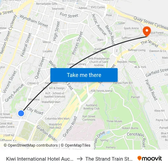 Kiwi International Hotel Auckland to The Strand Train Station map
