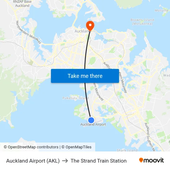 Auckland Airport (AKL) to The Strand Train Station map