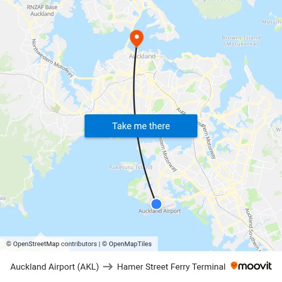 Auckland Airport (AKL) to Hamer Street Ferry Terminal map